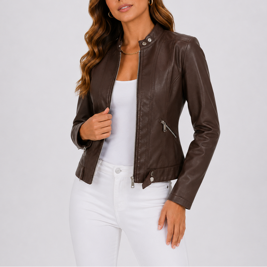 Women's Classic Leather Jacket with Zip Pockets