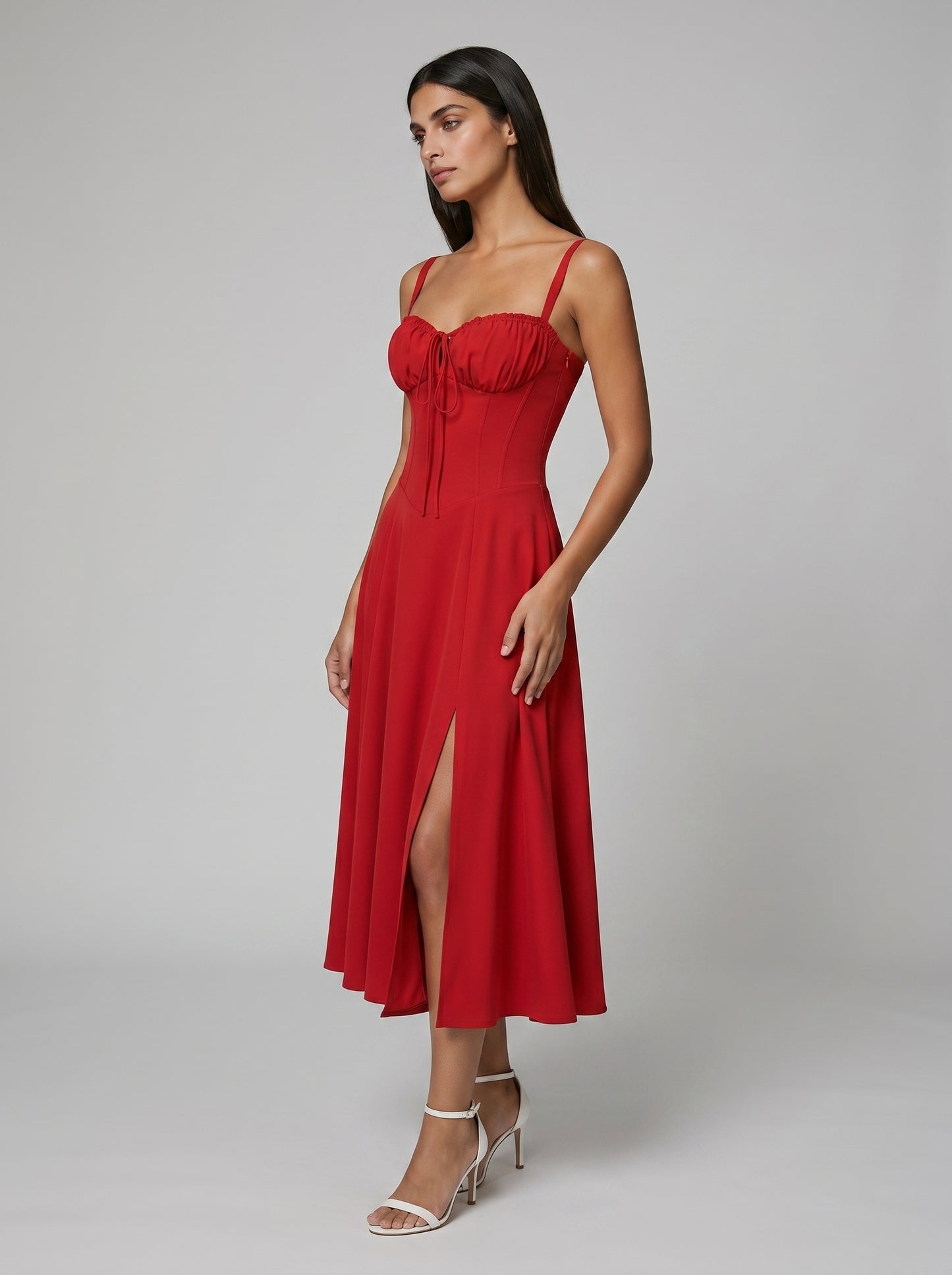 Women's Corset Midi Dress with Flowing Skirt
