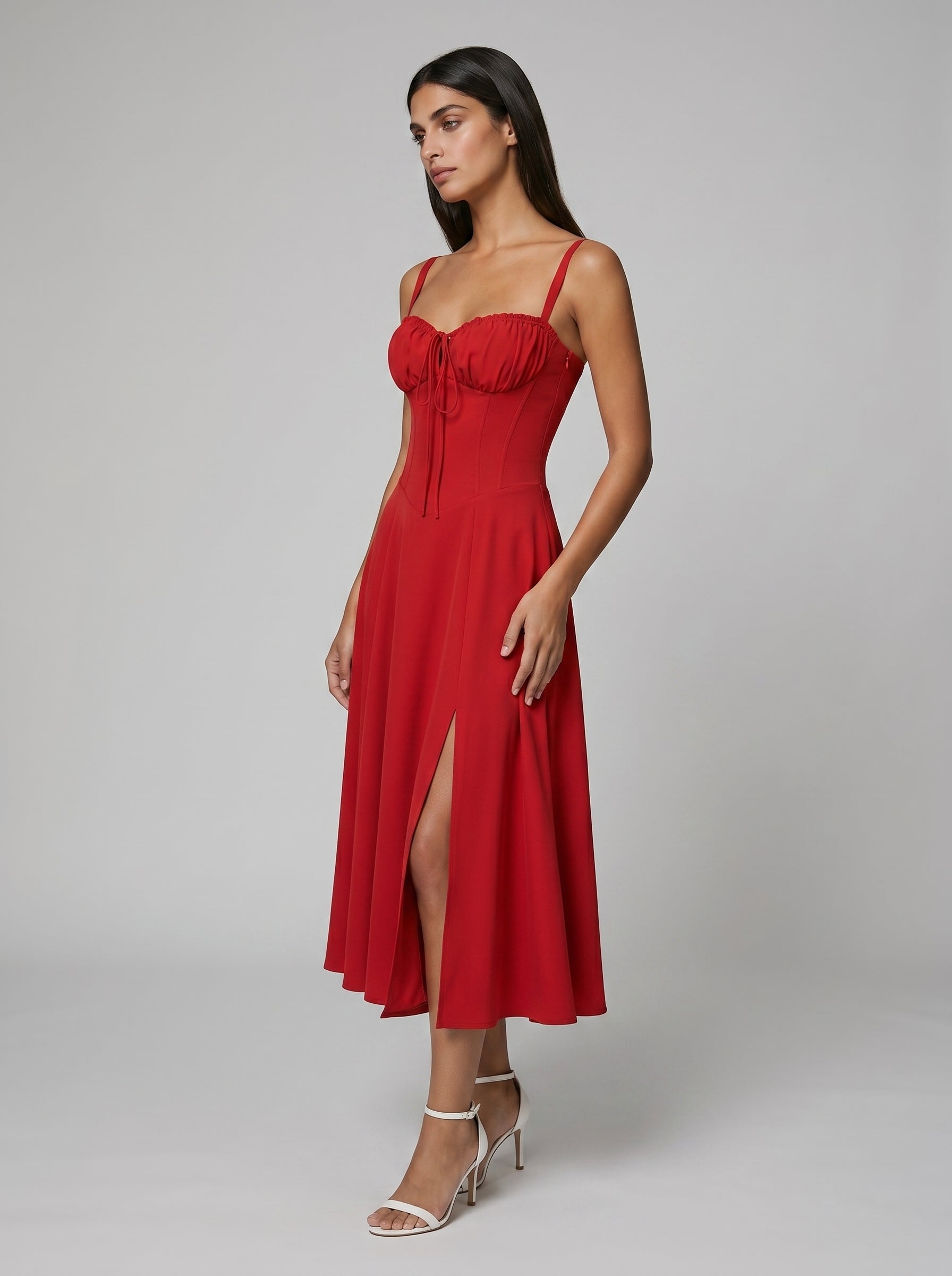 Women's Corset Midi Dress with Flowing Skirt
