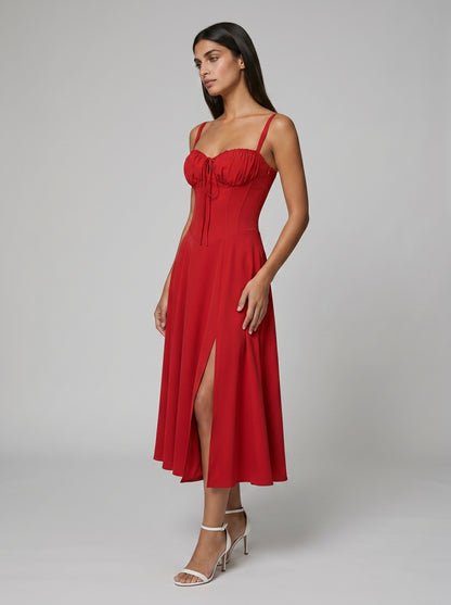 Women's Corset Midi Dress with Flowing Skirt