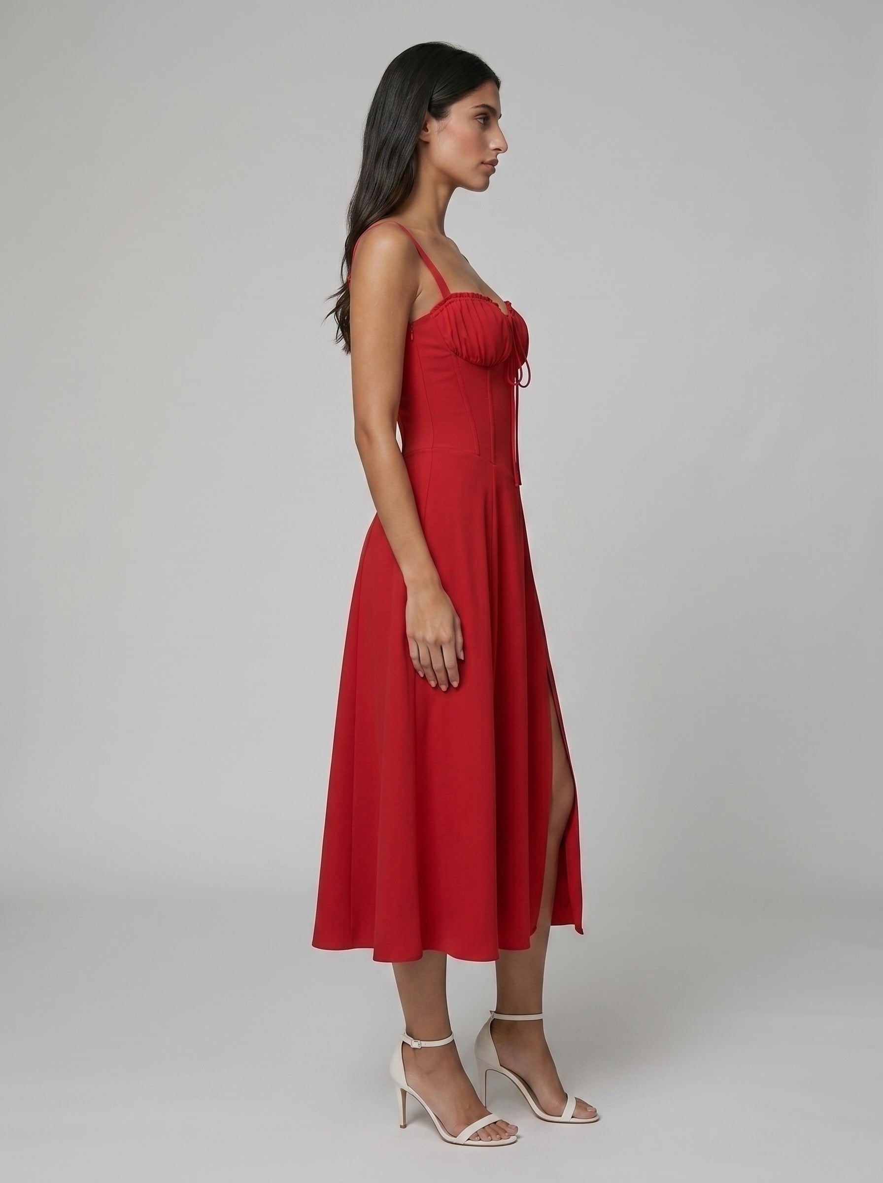 Women's Corset Midi Dress with Flowing Skirt