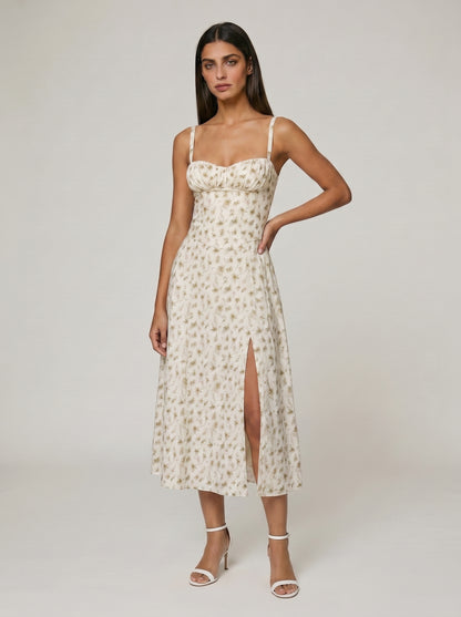 Women's Corset Midi Dress with Flowing Skirt