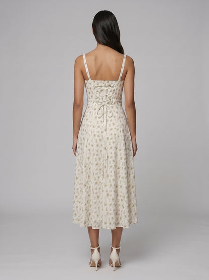 Women's Corset Midi Dress with Flowing Skirt