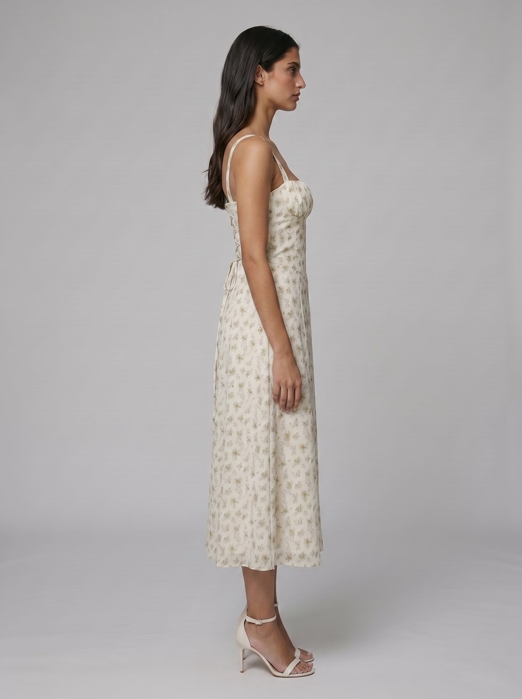 Women's Corset Midi Dress with Flowing Skirt