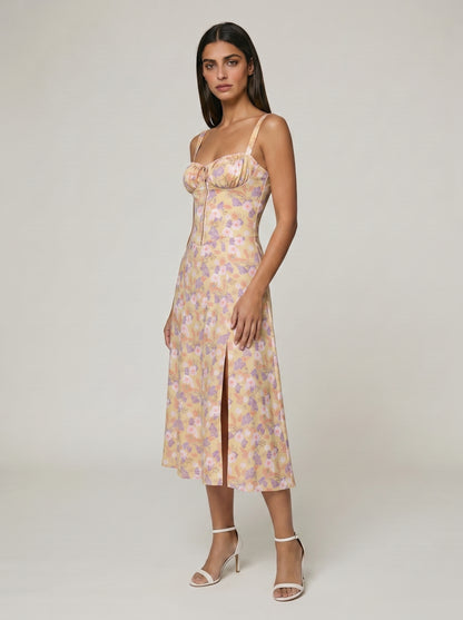 Women's Corset Midi Dress with Flowing Skirt