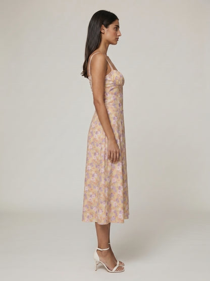 Women's Corset Midi Dress with Flowing Skirt