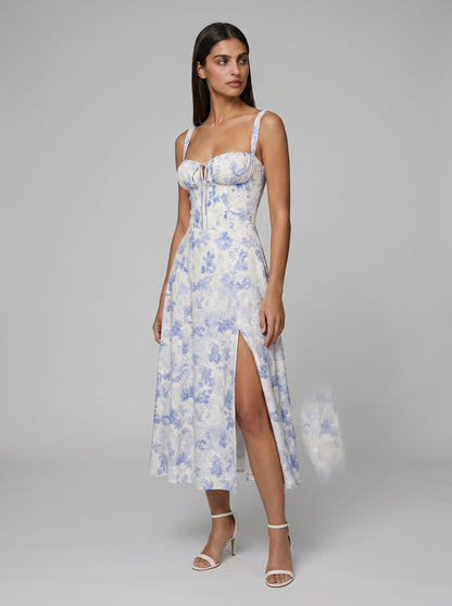 Women's Corset Midi Dress with Flowing Skirt