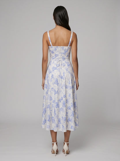 Women's Corset Midi Dress with Flowing Skirt