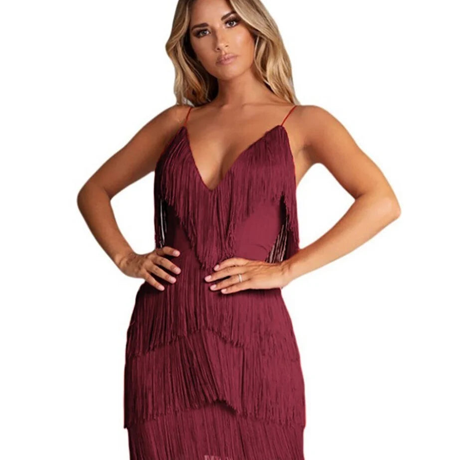 Women's Deep V-Neck Fringe Mini Dress