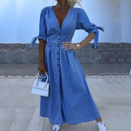 Women's Denim Maxi Dress with Tie Sleeve Detail