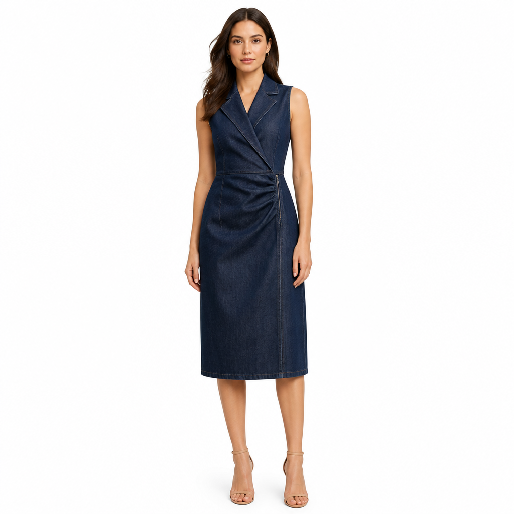 Women's Denim Midi Dress with Lapel and Side Zip