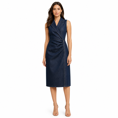 Women's Denim Midi Dress with Lapel and Side Zip