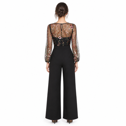 Women's Embroidered Sheer-Top Wide-Leg Jumpsuit