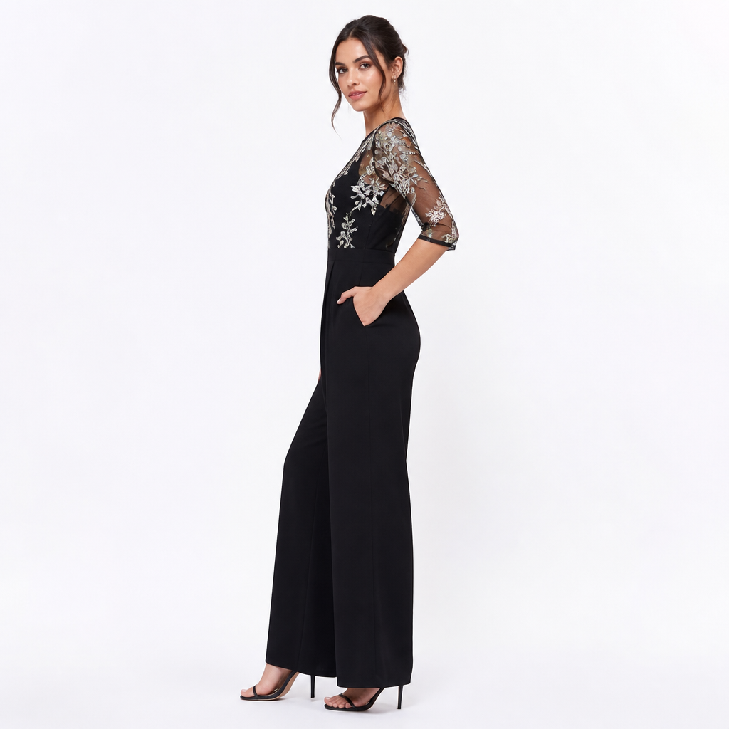 Women's Embroidered Sheer-Top Wide-Leg Jumpsuit