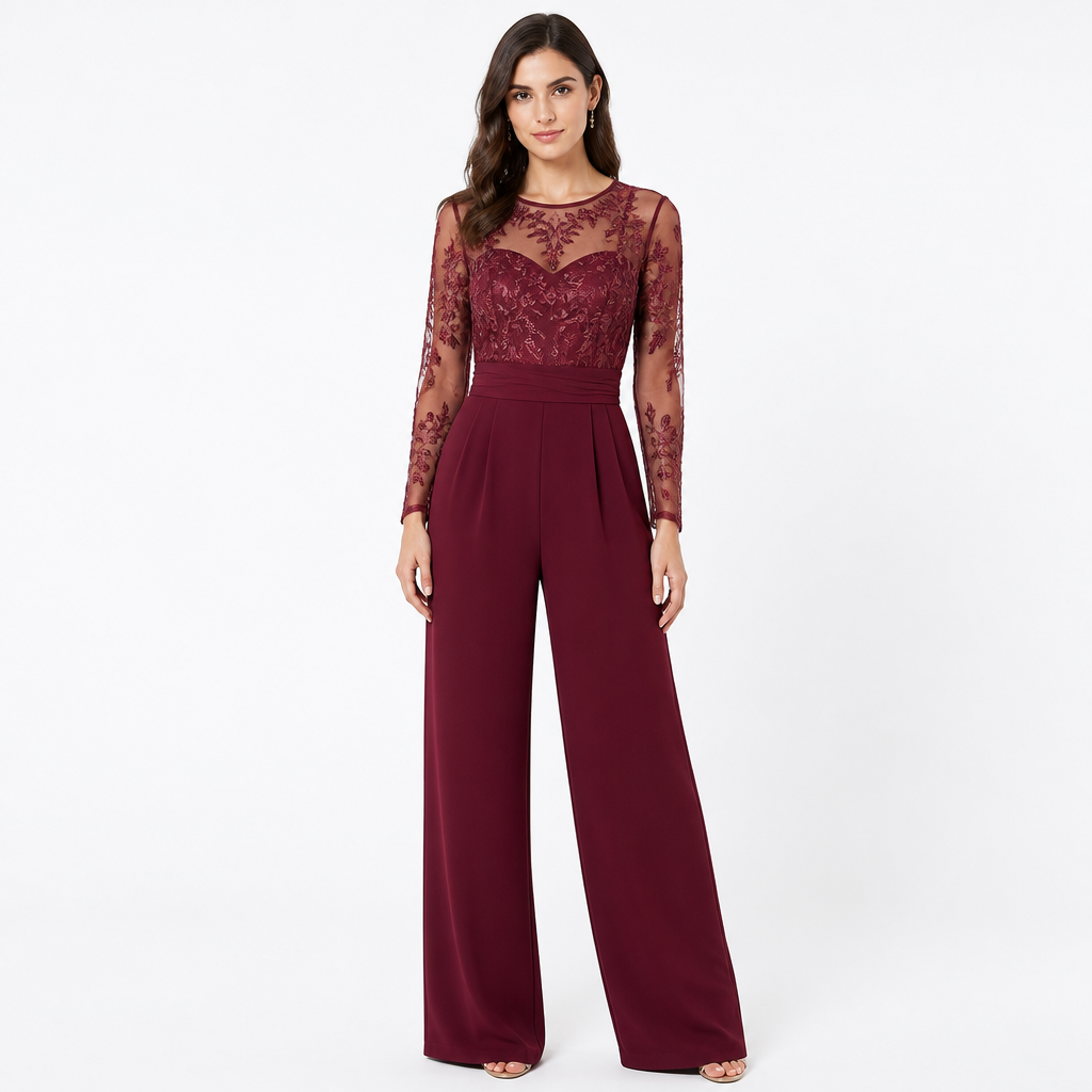 Women's Embroidered Sheer-Top Wide-Leg Jumpsuit