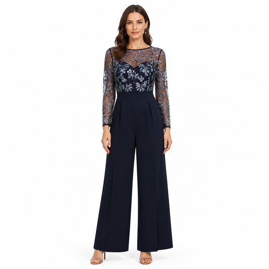 Women's Embroidered Sheer-Top Wide-Leg Jumpsuit