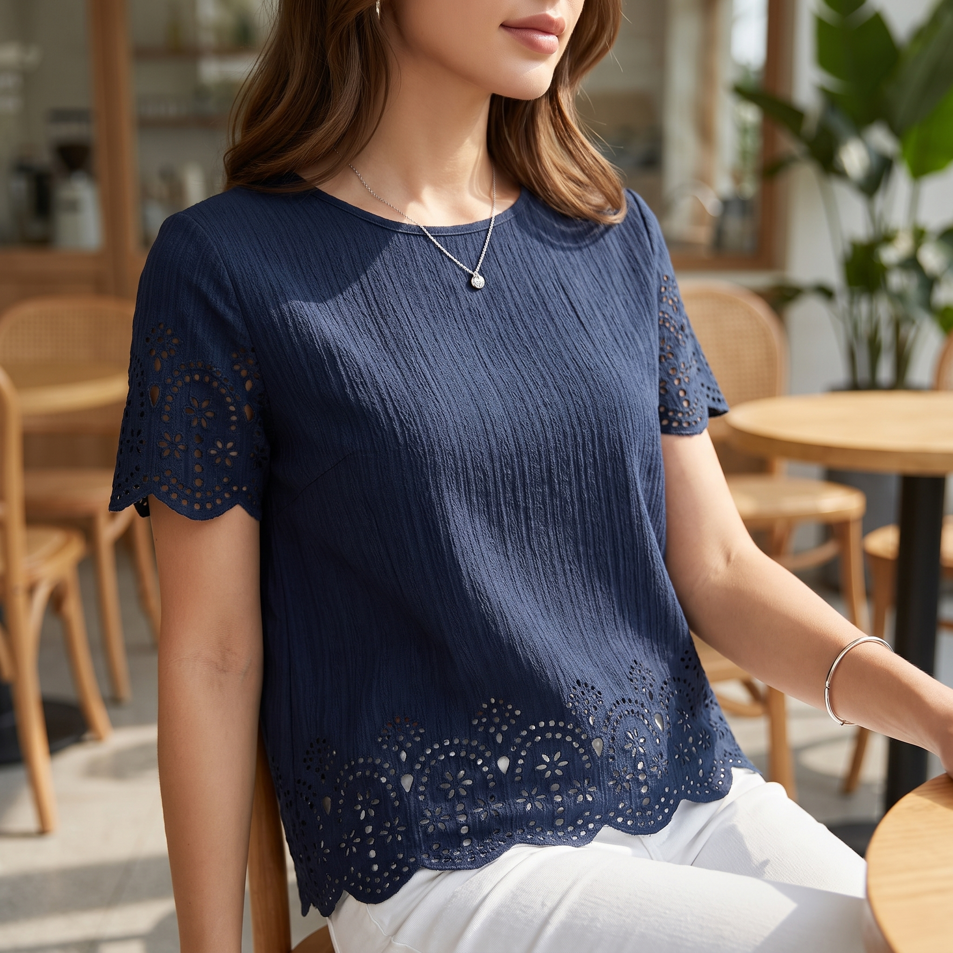 Women's Eyelet Scallop Hem Blouse