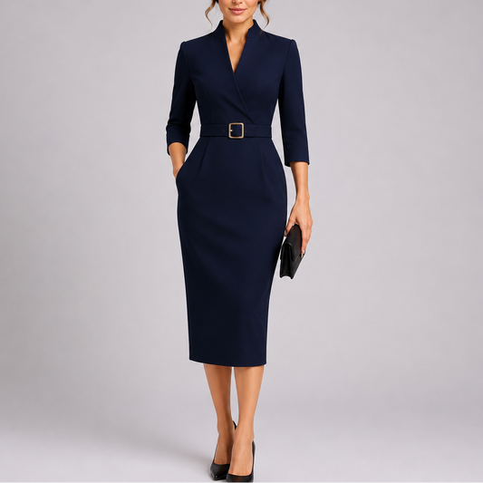 Women's Fitted Midi Dress with Waist Belt for Formal Events