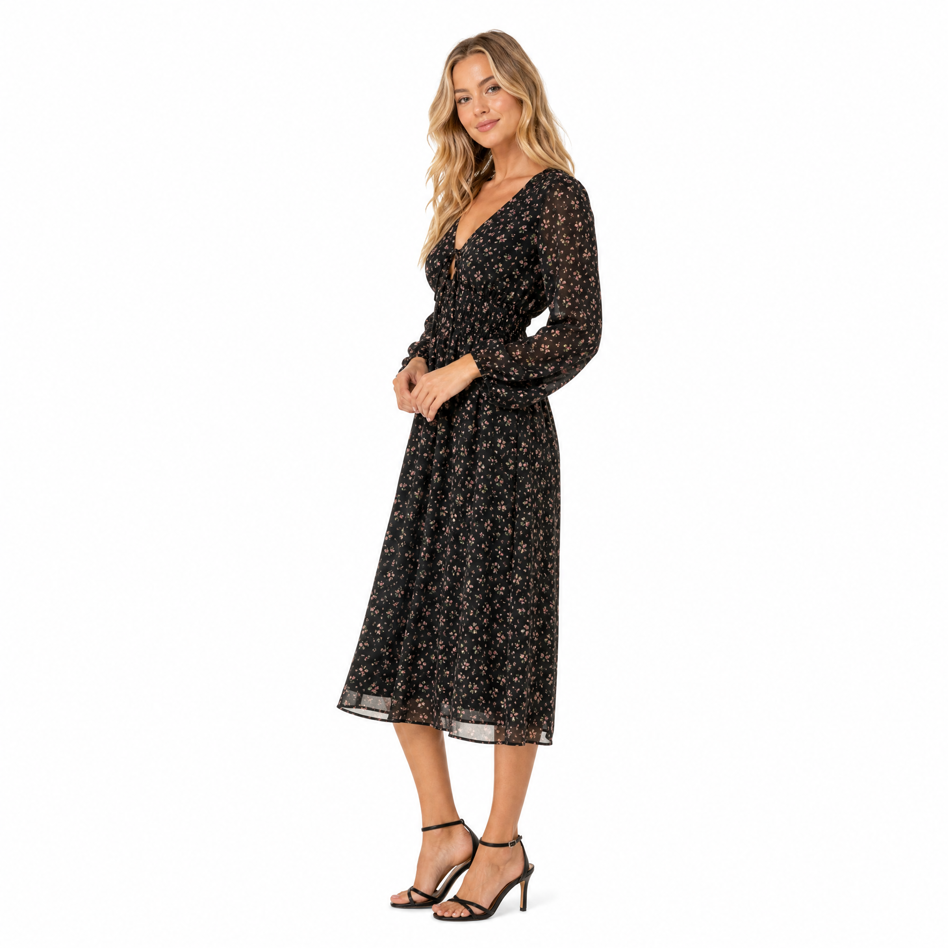 Women's Floral Chiffon Long-Sleeve Midi Dress