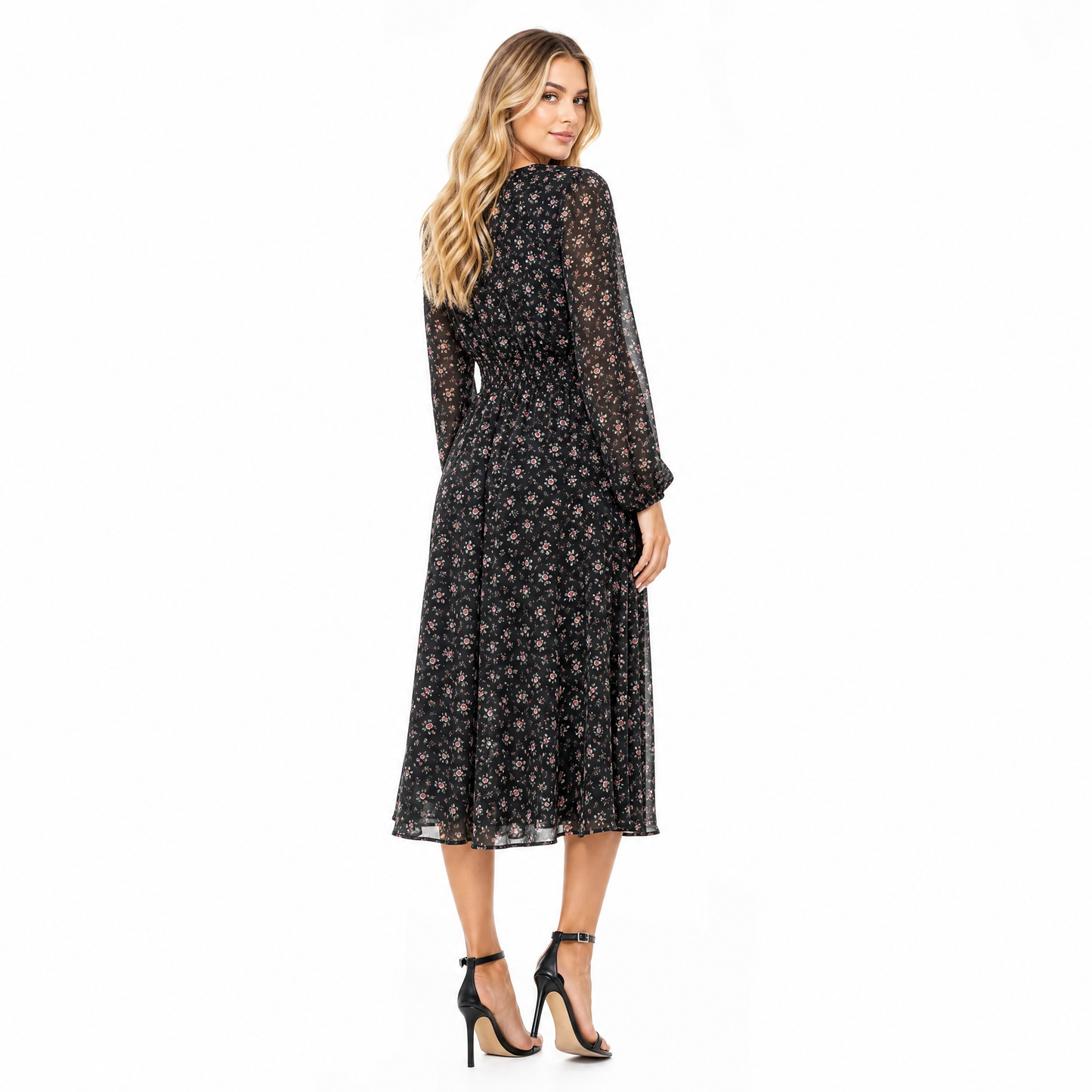 Women's Floral Chiffon Long-Sleeve Midi Dress