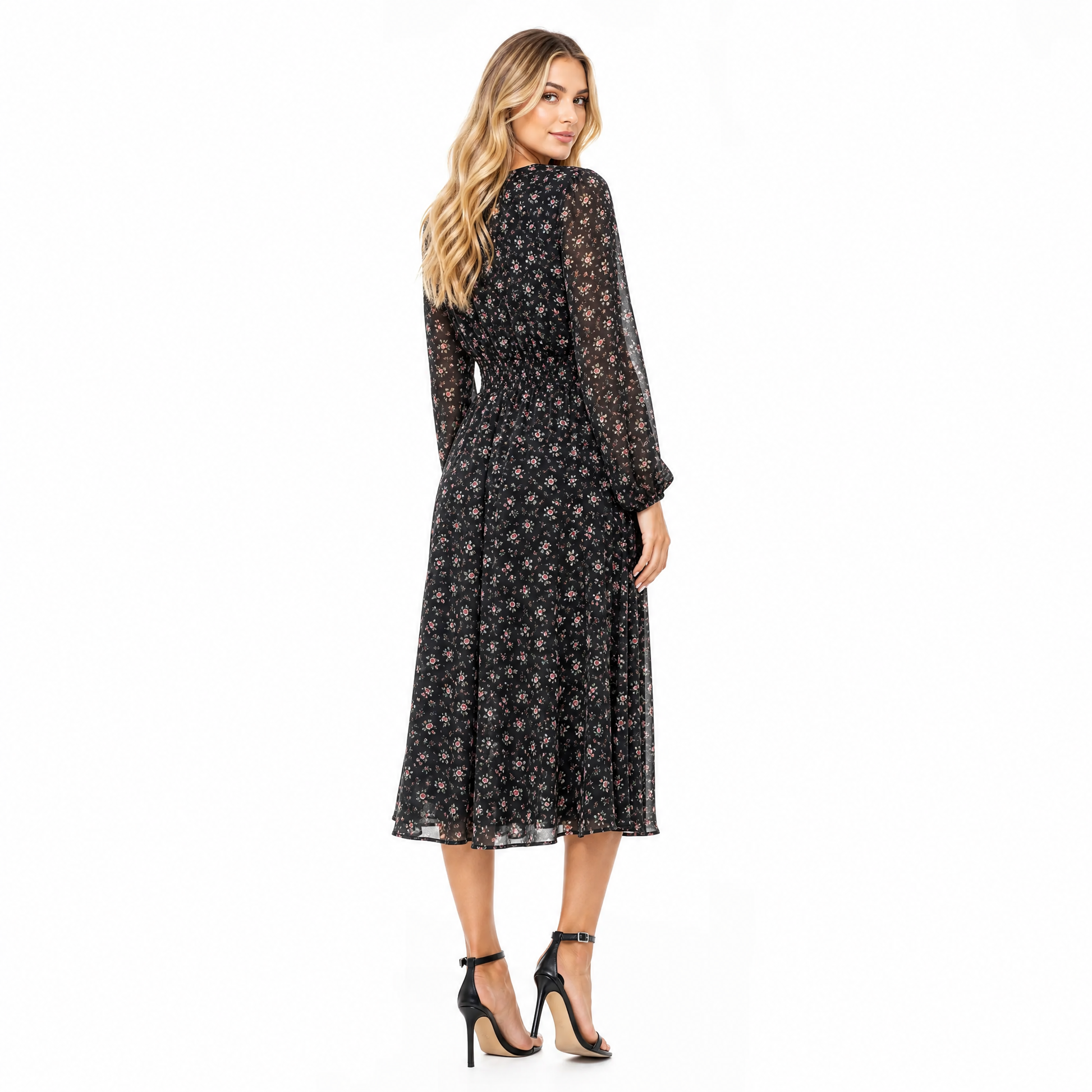 Women's Floral Chiffon Long-Sleeve Midi Dress