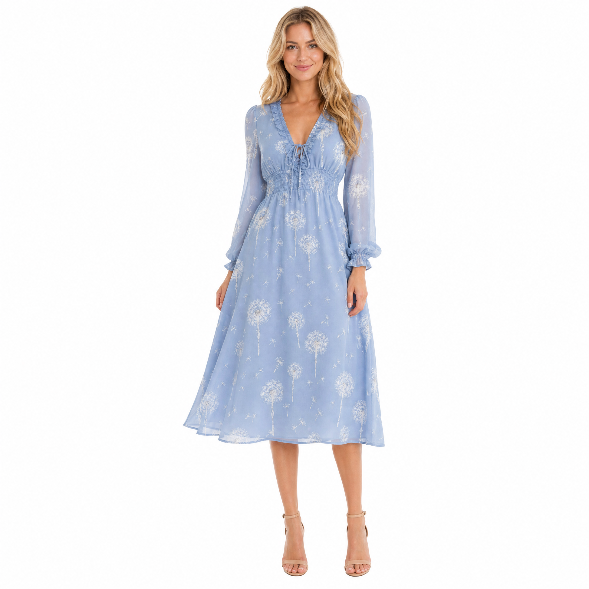 Women's Floral Chiffon Long-Sleeve Midi Dress