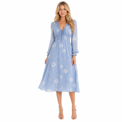 Women's Floral Chiffon Long-Sleeve Midi Dress