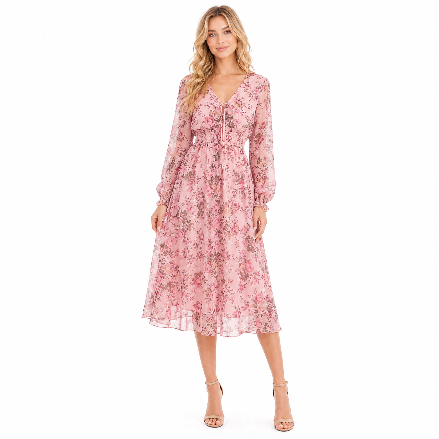 Women's Floral Chiffon Long-Sleeve Midi Dress