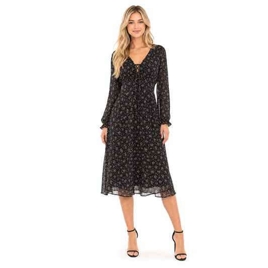 Women's Floral Chiffon Long-Sleeve Midi Dress