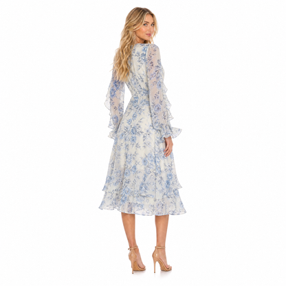 Women's Floral Chiffon Midi Dress with Ruffle Details