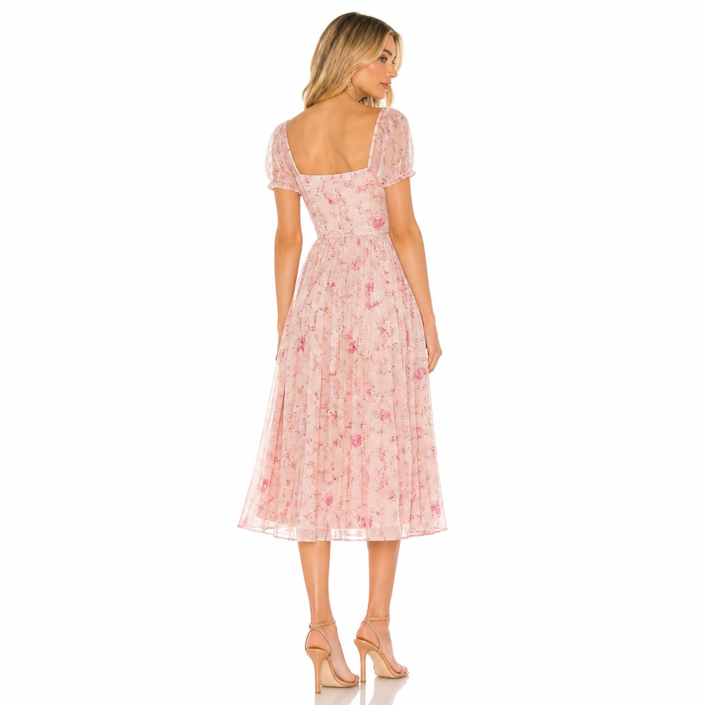 Women's Floral Chiffon Pleated Midi Dress