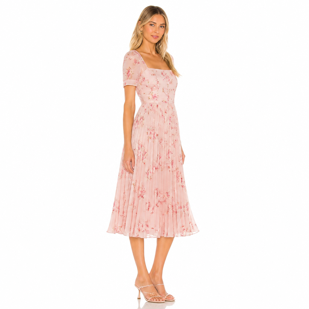 Women's Floral Chiffon Pleated Midi Dress