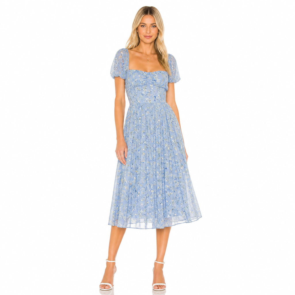 Women's Floral Chiffon Pleated Midi Dress
