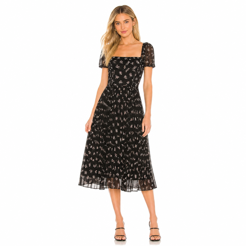 Women's Floral Chiffon Pleated Midi Dress