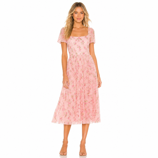 Women's Floral Chiffon Pleated Midi Dress