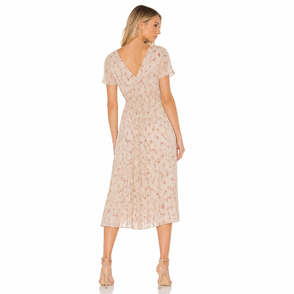 Women's Floral Chiffon V-Neck Pleated Midi Dress