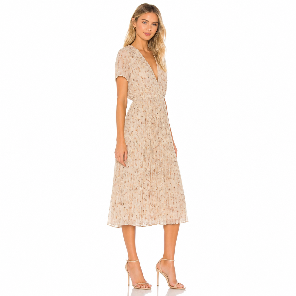 Women's Floral Chiffon V-Neck Pleated Midi Dress
