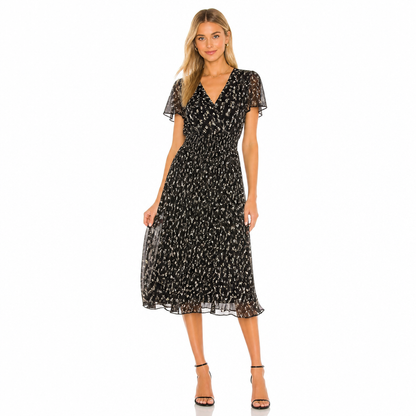 Women's Floral Chiffon V-Neck Pleated Midi Dress