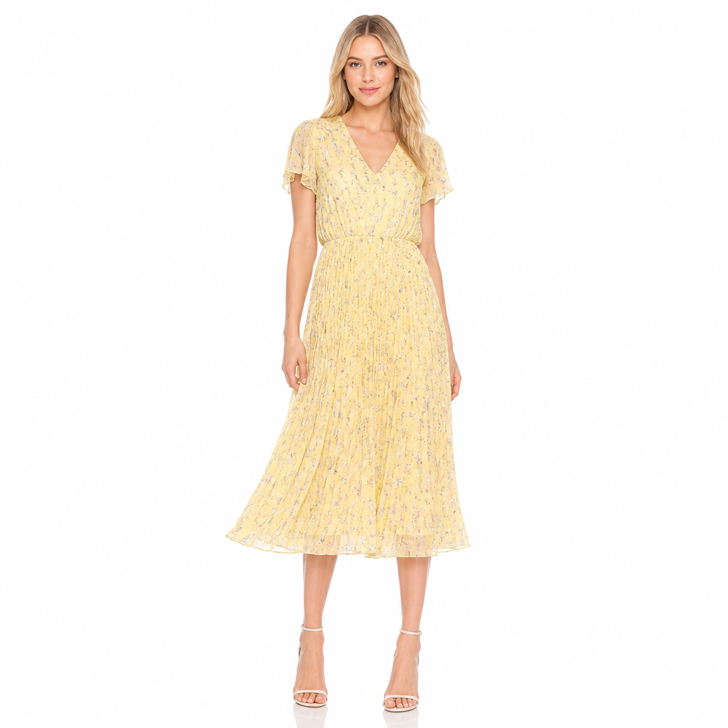 Women's Floral Chiffon V-Neck Pleated Midi Dress