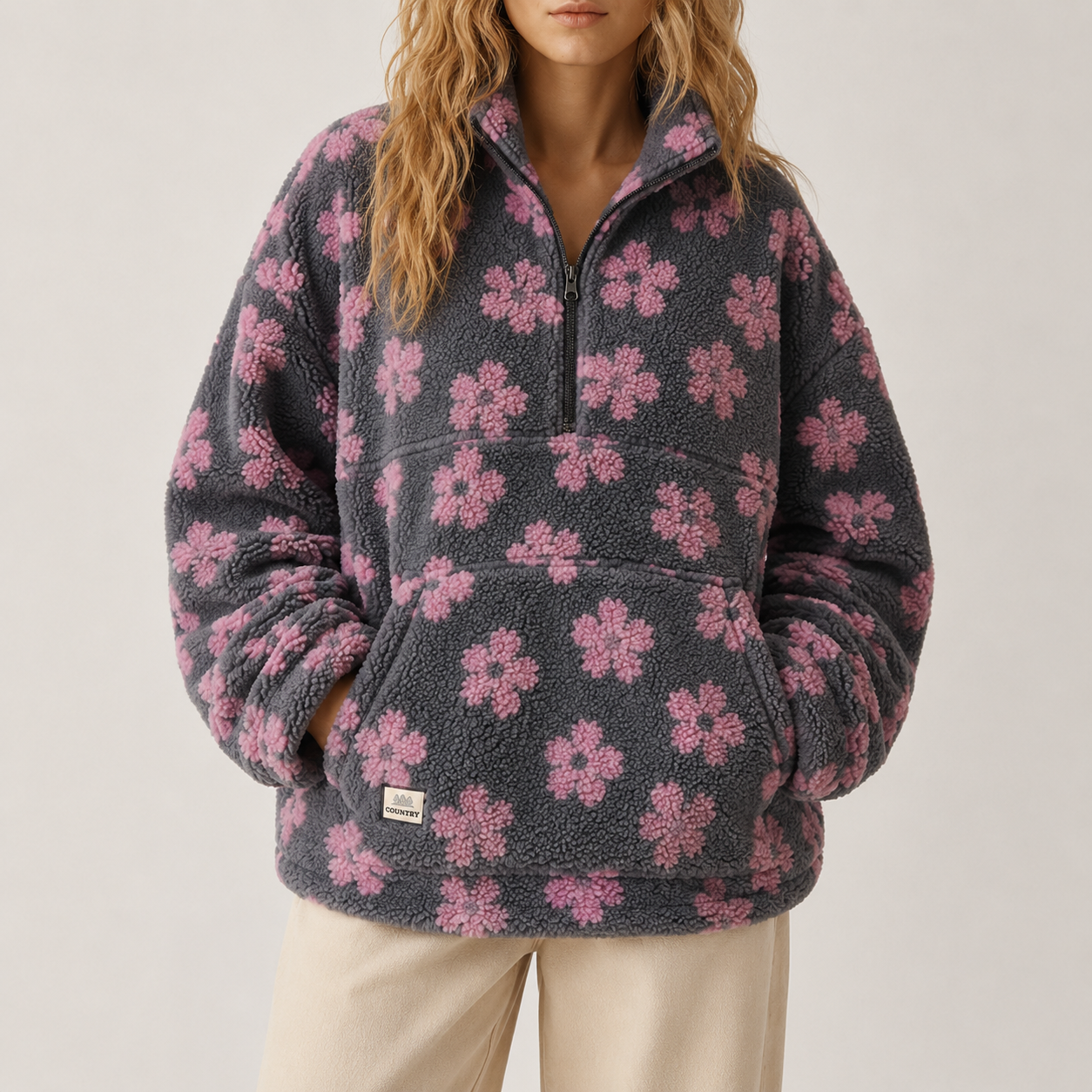Women's Floral Half-Zip Fleece Pullover Jacket