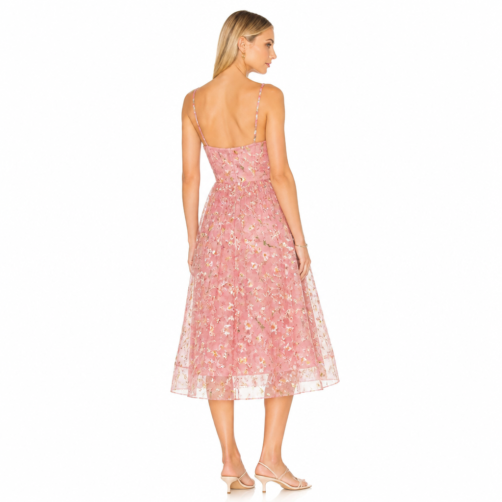 Women's Floral Mesh Midi Dress with Spaghetti Straps
