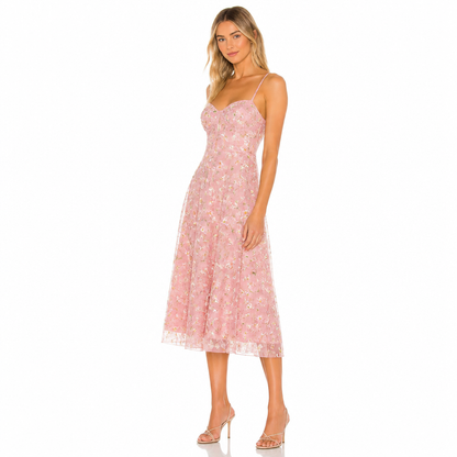 Women's Floral Mesh Midi Dress with Spaghetti Straps