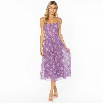 Women's Floral Mesh Midi Dress with Spaghetti Straps