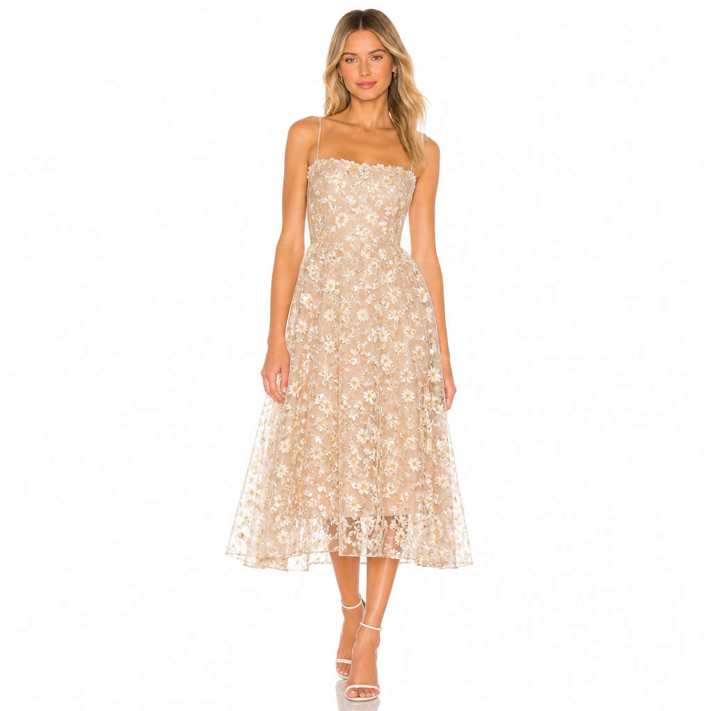 Women's Floral Mesh Midi Dress with Spaghetti Straps