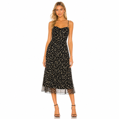 Women's Floral Mesh Midi Dress with Spaghetti Straps