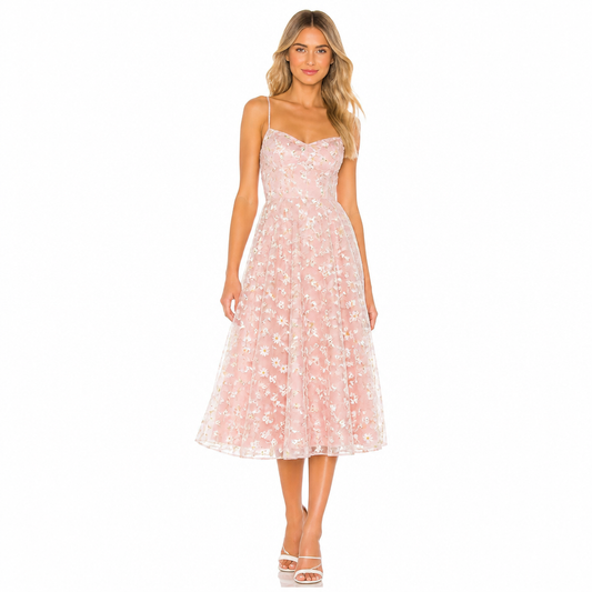 Women's Floral Mesh Midi Dress with Spaghetti Straps