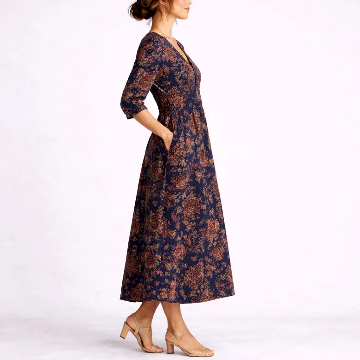 Women's Floral Midi Dress with V-Neck and Three-Quarter Sleeves