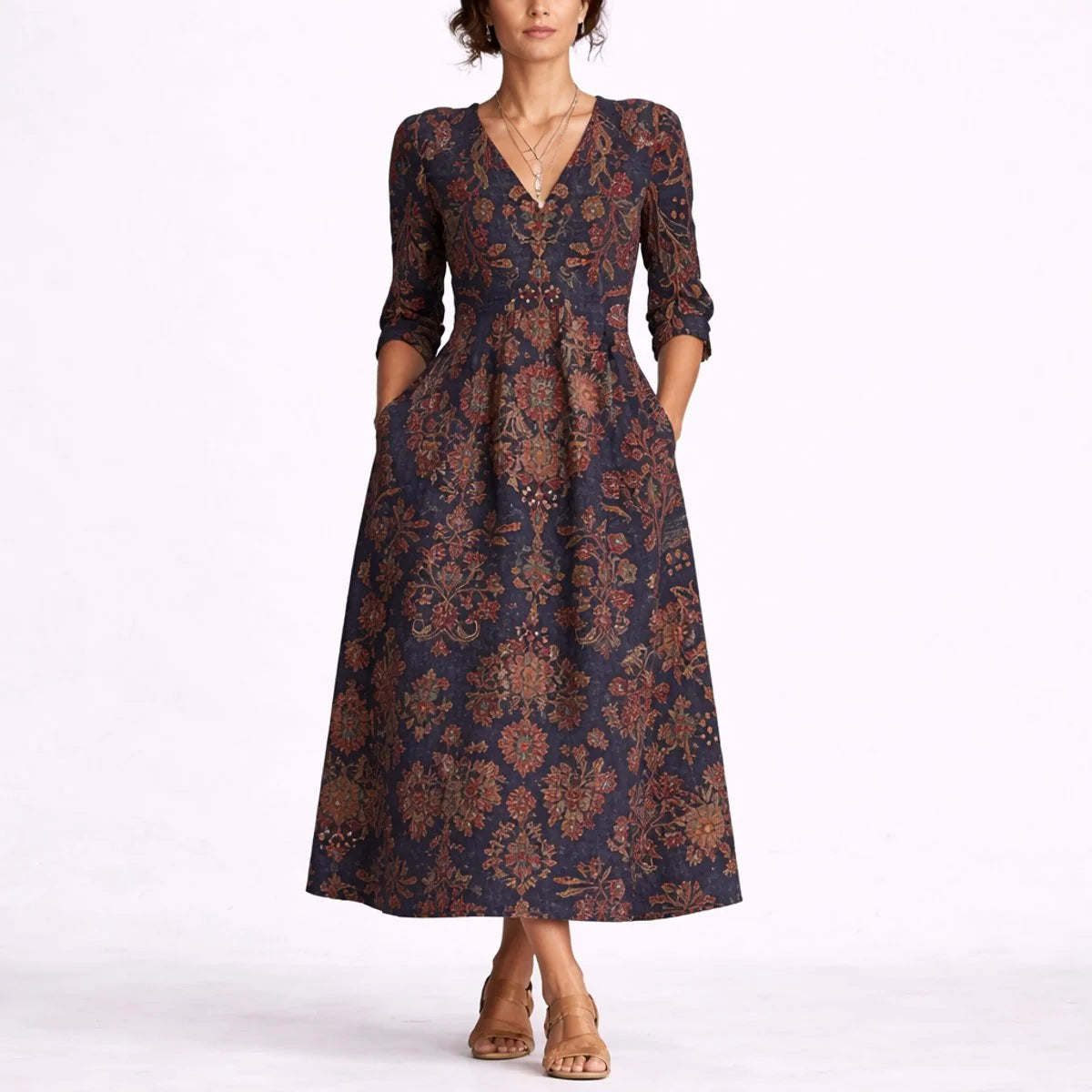 Women's Floral Midi Dress with V-Neck and Three-Quarter Sleeves