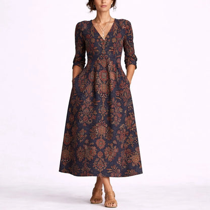 Women's Floral Midi Dress with V-Neck and Three-Quarter Sleeves