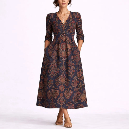 Women's Floral Midi Dress with V-Neck and Three-Quarter Sleeves